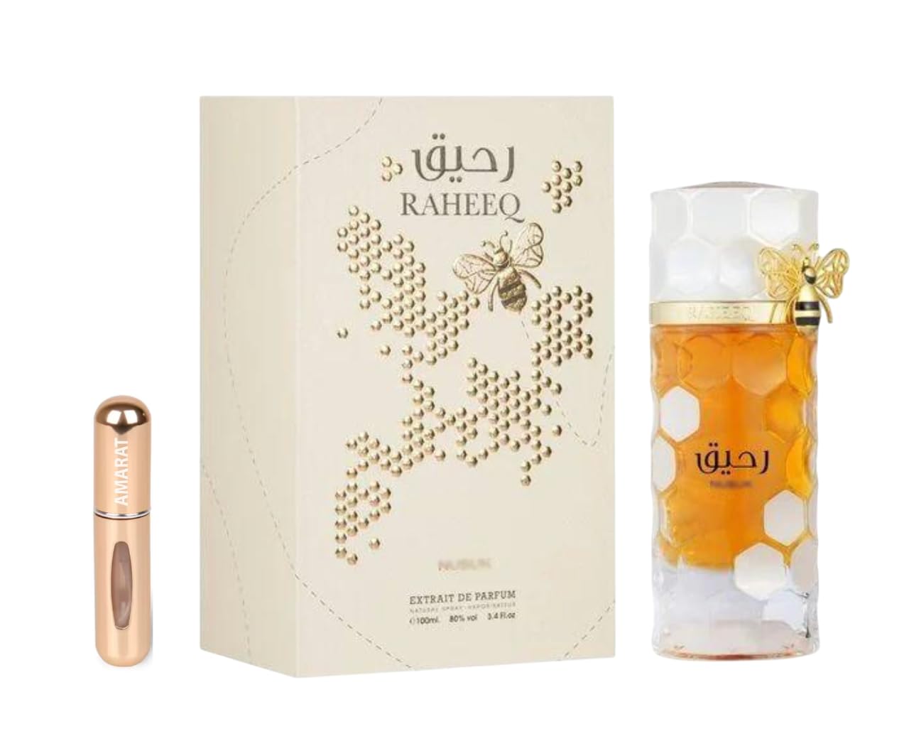 Perfume Raheeq Extrait de Parfum 100 ml, Perfume Árabe Unisex de Larga Duración, Incluye Atomizador Recargable 5ml, Fragancia gourmand oriental con naranja sanguina, caramelo, coco y vainilla (Raheeq)