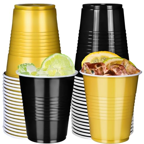 Vumdua Gold and Black Plastic Cups Disposable Cups 12 oz Plastic Party Cups for Graduation Christmas Wedding Birthday Party Supplies Pack of 40