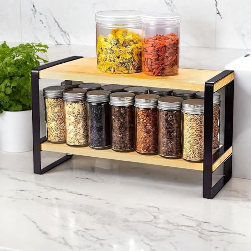 Image of Decorlay Metal & Wooden Spice Rack Organizer Space Saver Step Shelf Counter-Top Storage For Kitchen, Tabletop, Floor Standing Bathroom, Office, And Cosmetics (Black + Beech, Two - Tier)