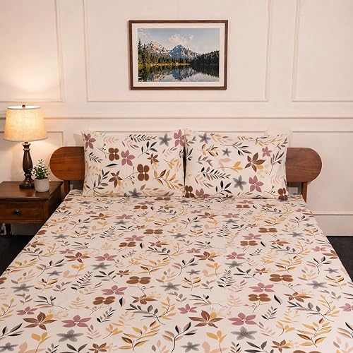 Image of Amazon Brand - Umi Cotton Fitted Bedsheet, Queen Size 78x60 Inches, Elastic Fit Bed Sheet, 10 Inch Deep Pocket, Soft Breathable Bedding, Durable Easy Care, with Pillow Cover-Earthy Flora