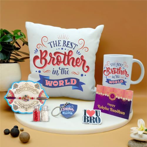 Image of PICRAZEE Rakhi Gift Combo for Brother with Cushion, Mug, K-Ring, F-Magnet & Greeting Card