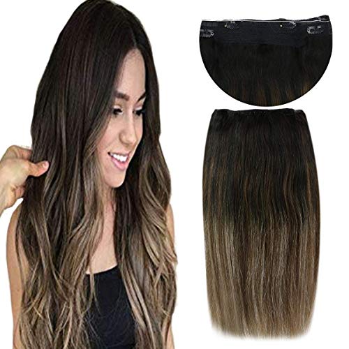 Sunny 12inch Halo Hair Extensions Human Hair Balayage Natural Black to Dark Brown with Ash Brown Remy Straight Fish Line Wire Hair Extensions 80g/pack