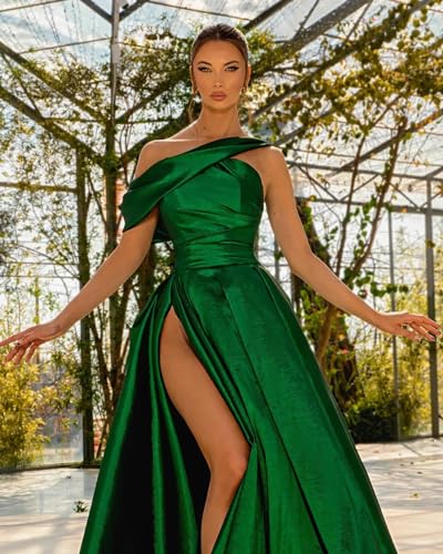 One Shoulder Prom Dresses for Women Satin Long Ball Gown with Slit Ruched Formal Evening Dresses3