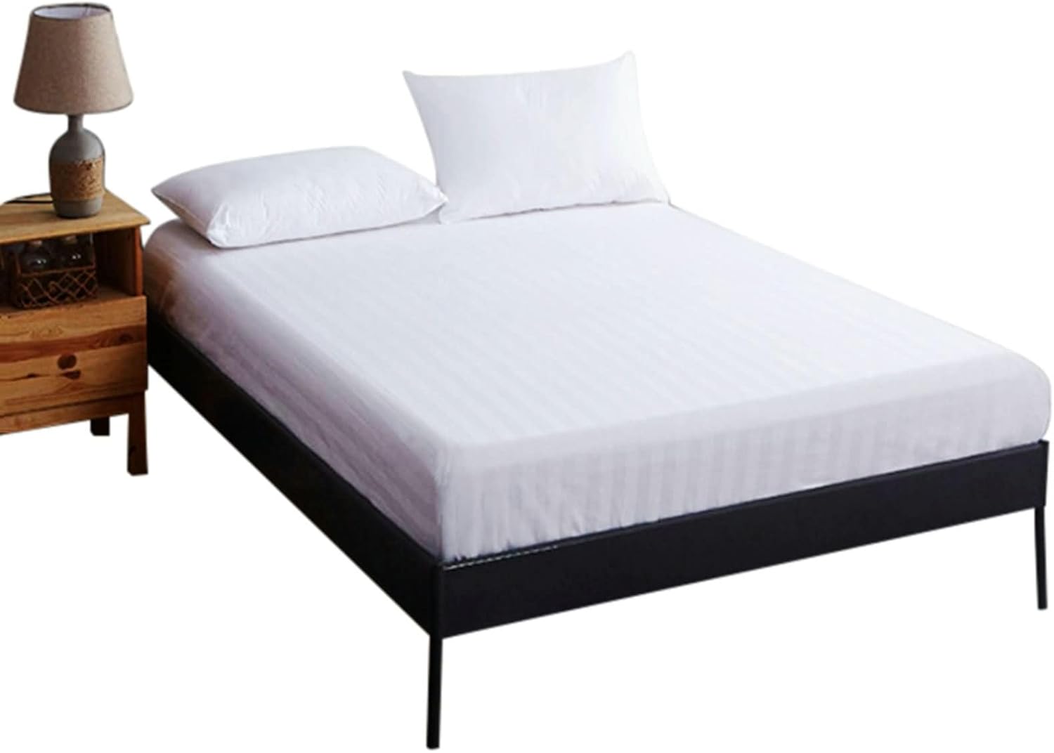 Beydodo Fitted Bed Sheets with Deep Pocket, Bed Fitted Sheet 200x220cm Solid White Stripes Textured, Cotton Fitted Sheet for Dorm