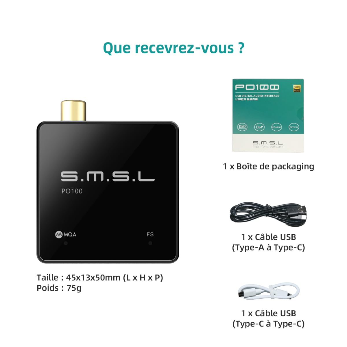 SMSL PO100 2024 convertisseur audio numerique analogique XU316, Décodage MQA USB vers Toslink Coaxial/Optique Audio Adaptateur, Petit adaptateur de câble USB à Coaxial pour Téléphone/PC (Noir)