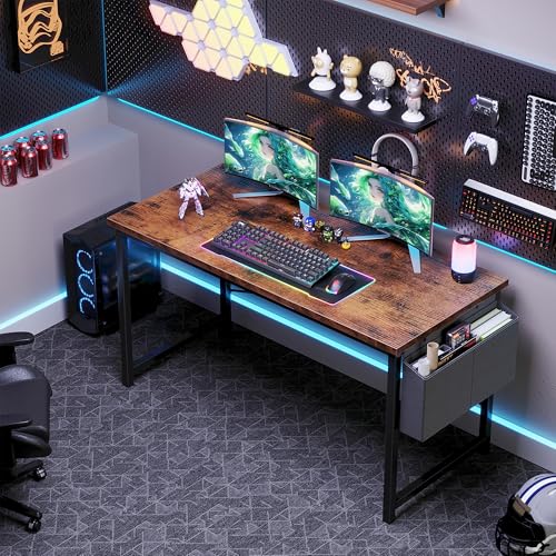Image of OLIXIS Computer Desk, 55 Inch Gaming Desks for Home Office Small Spaces | Writing Study Craft Work Table, Computer Workstation for Bedroom with Storage Bag, Rustic Brown