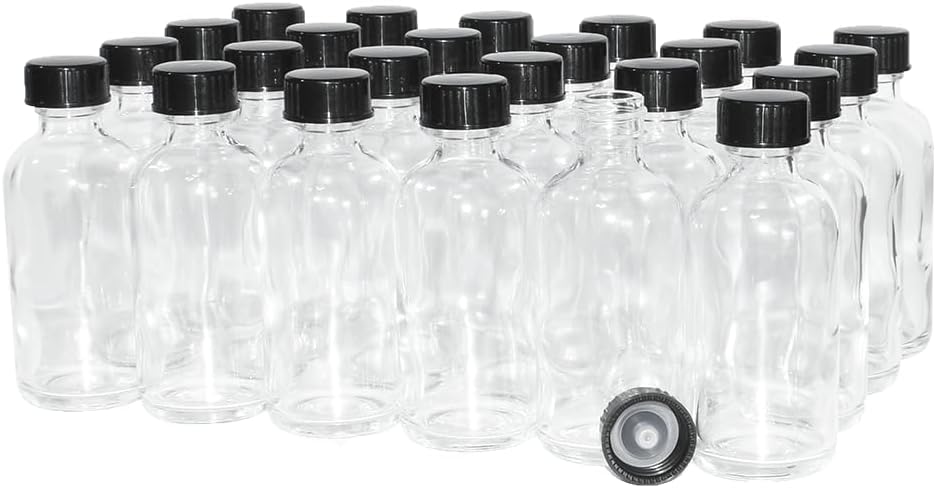 GlassBottleOutlet (Pack of 24) 4 oz. Clear Boston Round with Black Poly Cone Cap