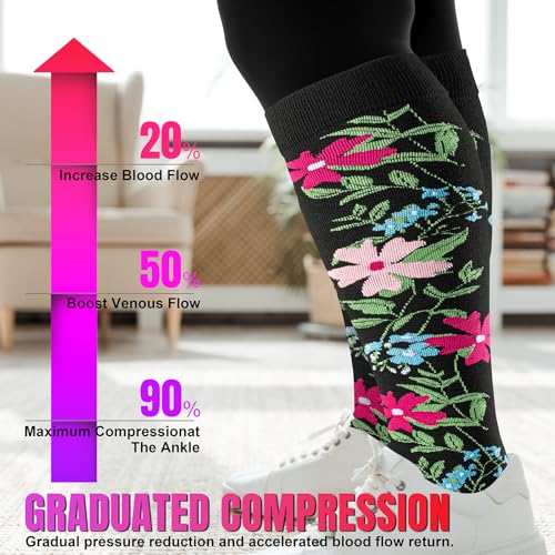 Image of bropite 3 /4 Pairs Plus Size Compression Socks Extra Wide Calf Women&Men 20-30mmHg Support Dancing Cycling Running Climbing