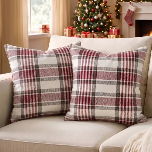 Red Farmhouse Outdoor Christmas Decorations Plaid Pillow Covers 16x16