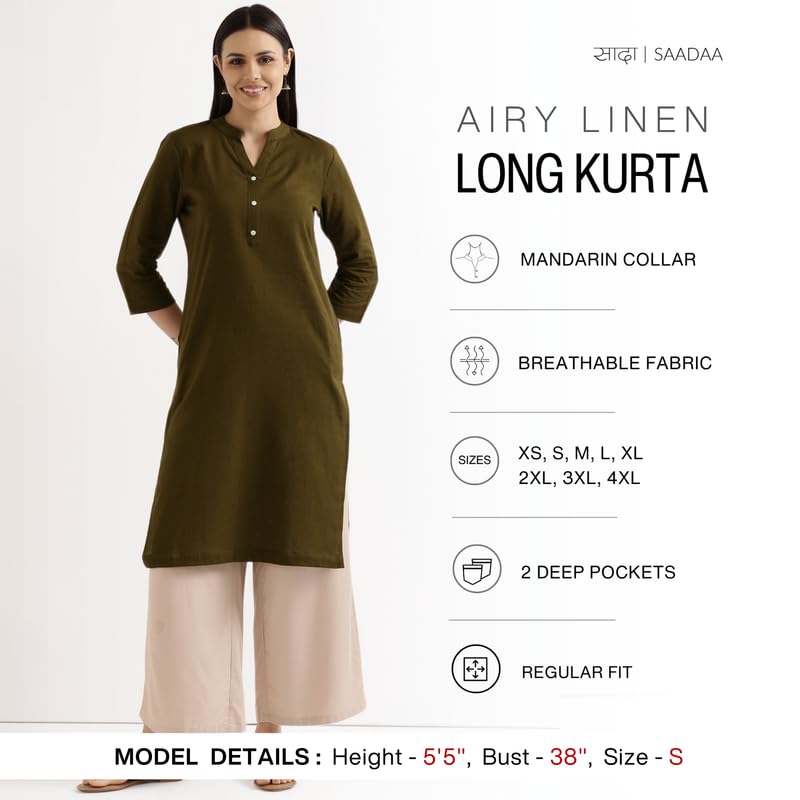 Image of SAADAA Women's Linen Straight Fit Straight Long Kurta Airy Plain Kurta, 3 /4 Sleeve, Knee Length Kurtis with Pockets, Casual and Office Wear