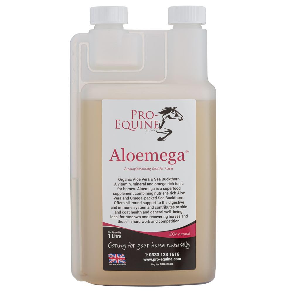 PRO-EQUINE ALOEMEGA 1 LITRE Horse feed supplement for immune support and skin and coat condition. Aloe Vera and Sea Buckthorn superfood wellbeing for your horse.