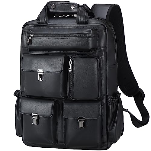 Masa Kawa Black Leather Backpack for Men 15.6" Laptop
