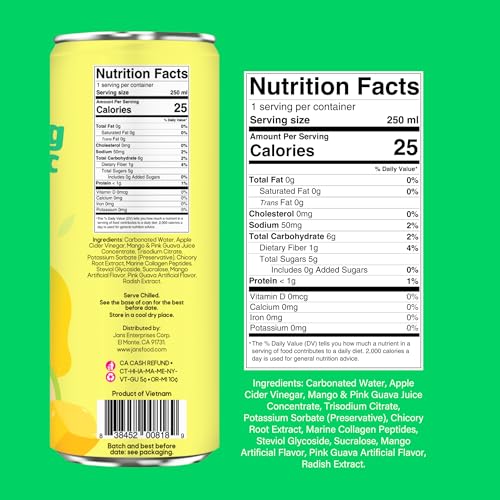 Image of Jans Sparkling Prebiotic with Collagen Soda Beverage - Pink Guava & Mango 8.4 Fl Oz (24-Pack) - Low Calorie, NO Added Sugar, Non-GMO Sparkling Fruit Beverage, Gut Health Support