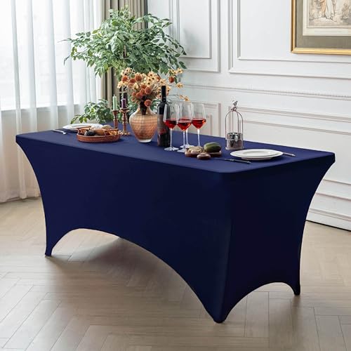 Image of FOLINS&HOME Navy Blue 8ft Fitted Water Resistant Tablecloth with Spandex | Washable Elastic Rectangle Table Cover for 8 Foot Folding Tables, Stretch Table Cloth for Weddings, Banquets, Parties
