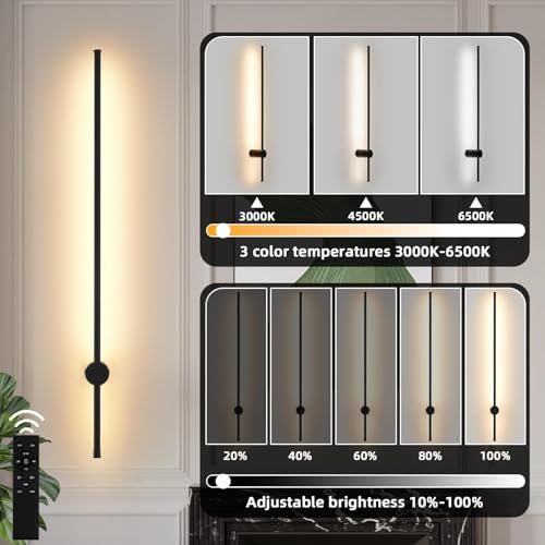 Image of LED Wireless Wall Sconce with Remote Control, Dimmable /350 Rotate /Timing /USB Rechargeable Battery Powered Indoor Wall Lamps, 39.3 inch Black Wall Lights Set of Two for Hallway, Living Room, Bedroom