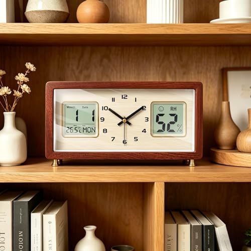 Reloj de mesa de madera con temperatura para sala y escritorio 6