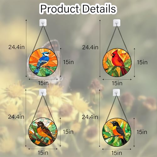 Image of DASTOLL Stained Glass Window Hanging 4 Pcs Set Birds Large 15 inch - Cardinal Blue Jay Suncatcher Door Garden Sun Catcher Decor Birthday Christmas for Bird Lovers Mom Woman Nana Men