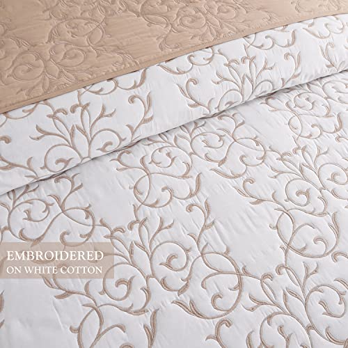 Querencia 100% Cotton Quilt Cream Comforter Set Queen Bedspreads - Reversiable - White Coverlet - 3 Pieces Farmhouse Floral Bedding, Embroidered Woman Bed Spreads, All Seasons (Beige, Full/Queen) #TOP3