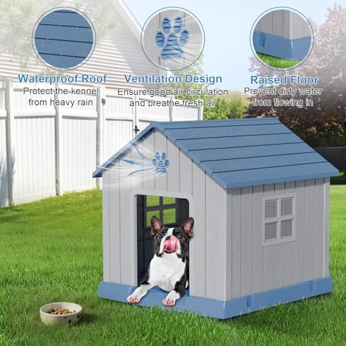 Dog House Indoor Outdoor for Small to Large Sized Dogs Resin Outdoor Dog House with Ventilation Puppy Shelter with Elevated Floor, Easy to Assemble, Blue - Image 3