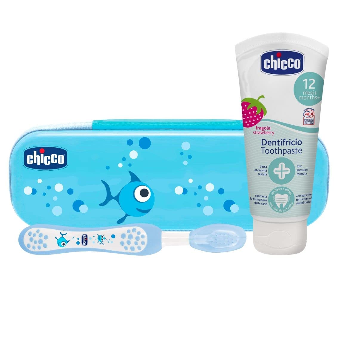 Chicco Set Dentale per Bambini, L'Astuccio Contiene Un Dentifricio 12 Mesi + e Uno Spazzolino, Azzurro