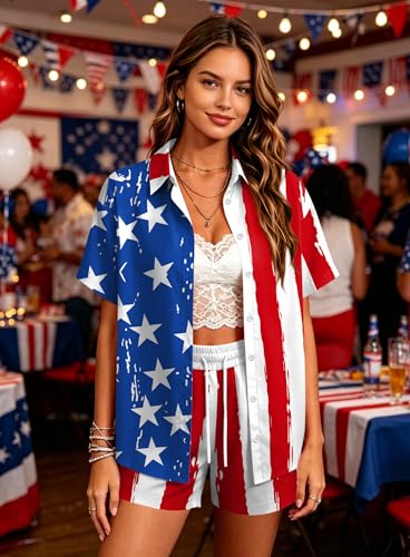 Image of Women 4th of July Outfit 2 Piece Set Short Sleeve Button Down Shirt and Shorts American Flag USA 250th Anniversary