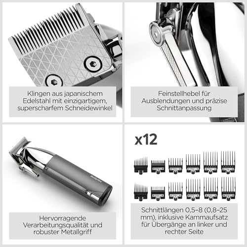 BaByliss Super-X Metal Kabelloser Haarschneider – Japanische Stahlklingen, 10 Aufsteckkämme, 2 Kammführungen, Lithium-Akku, digitales Display, Metallgehäuse, Schwarz, E996E