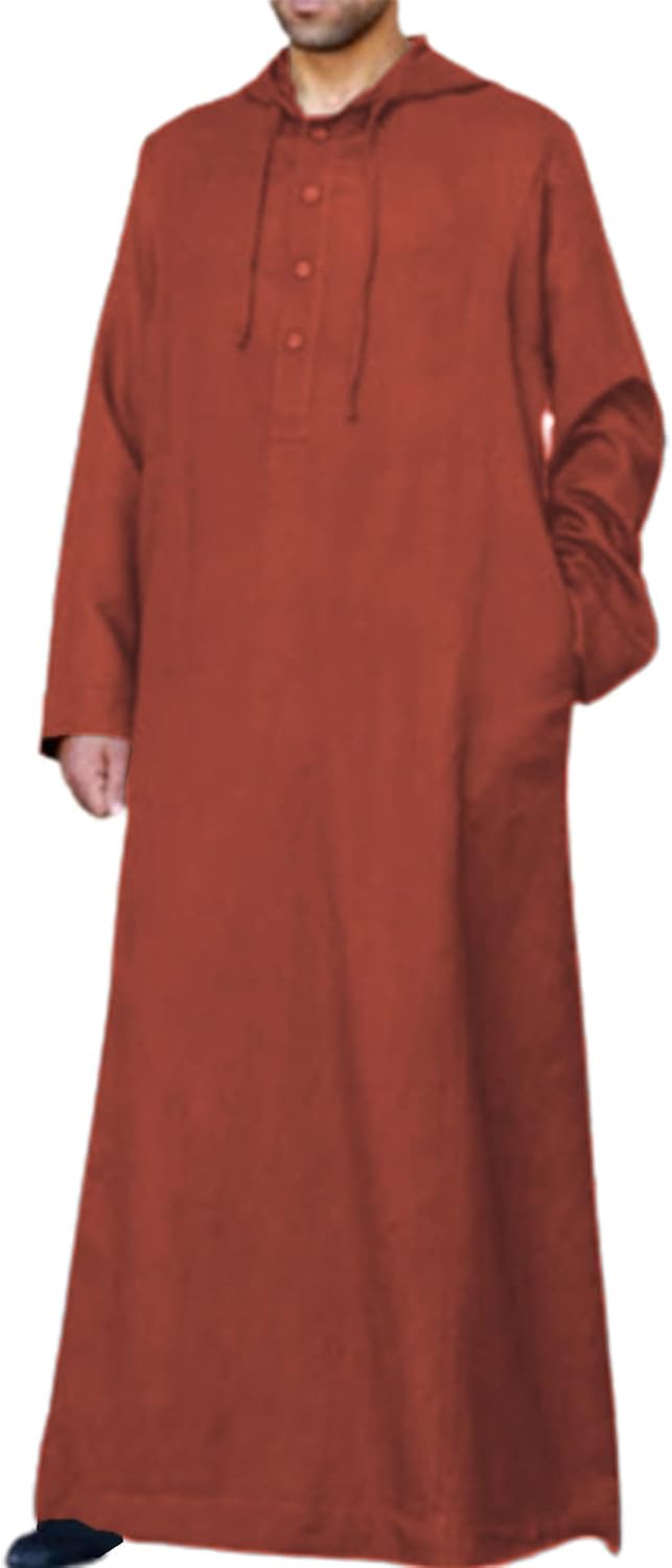 Jacansi Men's 65% Cotton 35% Linen Hooded Kaftan, Long Sleeve Button Down Thobe, Loose Casual Gown with Pockets