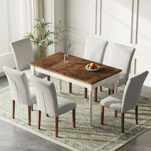 Image of Farmhouse Dining Chairs Set of 6, High Back with Wooden Legs and Nailhead Trim, Modern Fabric Dining Room Chair for Kitchen /Restaurant