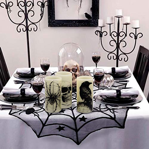 Image of Wondise Halloween Flickering Flameless Candles with 6hrs Timer, Battery Operated LED Real Wax Candles Set of 3 Skull, Spider Web, Crow Raven Decals Halloween Home Decoration Gifts(3 x 3 x 6 Inch)