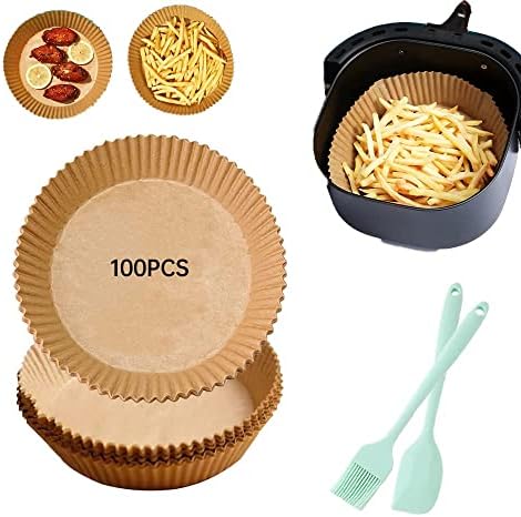 100 Pcs Air Fryer Disposable Paper Liner, Basting Brush and Silicone Spatula, Instant Pot Oven Insert Parchment Sheets, Non-stick Parchment Paper for Baking Cooking,6.3inch