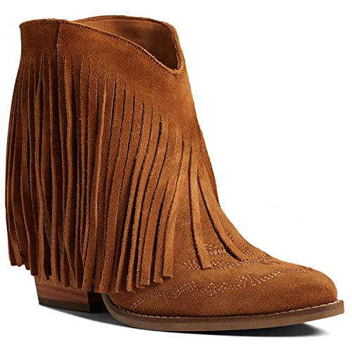 MOOMMO Women Tassel Western Booties Chunky Block Heel Suede Cowboy Ankle Boots Fringe Pointed Closed Toe V-Cut Stacked Heel Slip On Short Boots Cowgirl Embroidered Retro Vintage 4-11 M US4