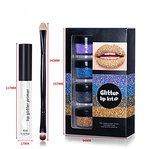 Maepeor 4 Colors Glitter Lip Kit Diamond Metallic Shimmer Lip Powder With Primer And Brush For Lips Nails Art (Blue Gold, Set B) #TOP5