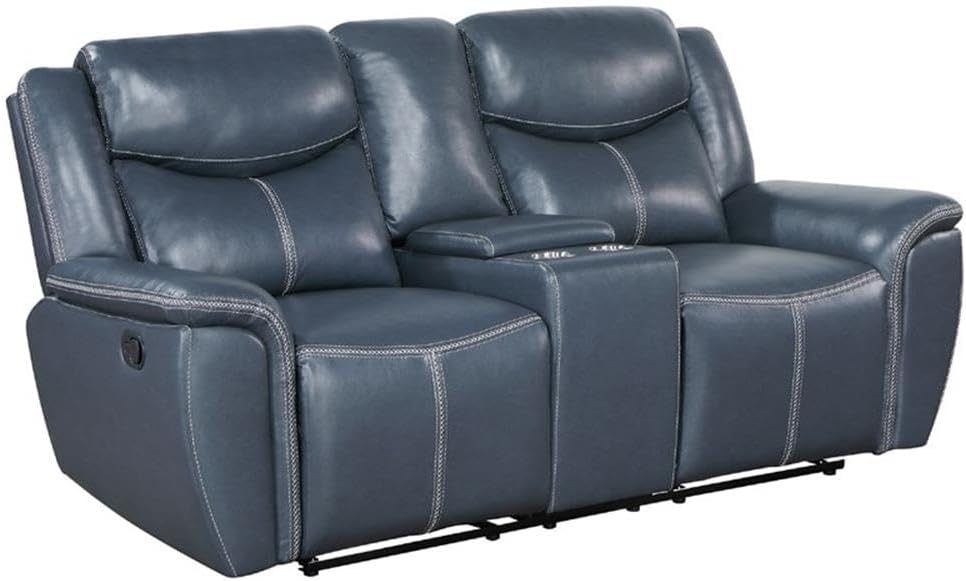 Pemberly Row 2-Piece Power Reclining Sofa and Loveseat Set, Blue Faux Leather Upholstery, Drop-Down Console with Cup Holders and Charging Ports, Sturdy Plywood Frame, Foam Padding, Living Room