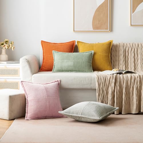 Image of MIULEE Spring Decorative Throw Pillow Covers for Couch Bed Livingroom 20x20 Inch Set of 2 Pink Boho Accent Throw Pllows Broadside Striped Patchwork Soft Corduroy Pillowcases Valentine Decor