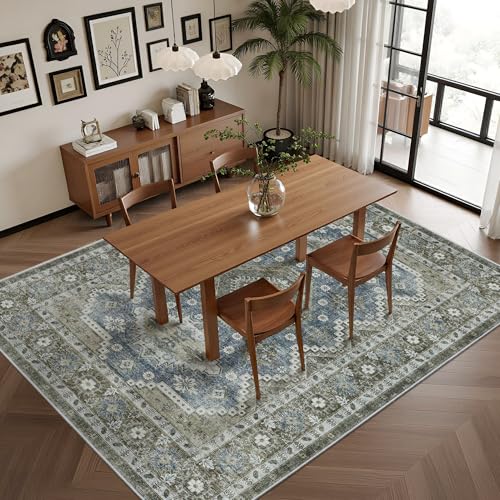 Rugland 8x10 Area Rugs - Stain Resistant Washable Rug, Anti Slip Backing Rugs for Living Room, Vintage Tribal Area Rugs(TPR07-Green, 8'x10')