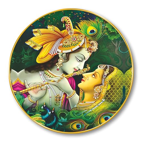 Image of SAF Radha Krishna Round Wall Painting with Golden Frame | Romantic Hindu Spiritual Wall Art | Divine Love Religious Home Decor for Living Room Bedroom Pooja Room Office (23 X 23 Inch) GR-255