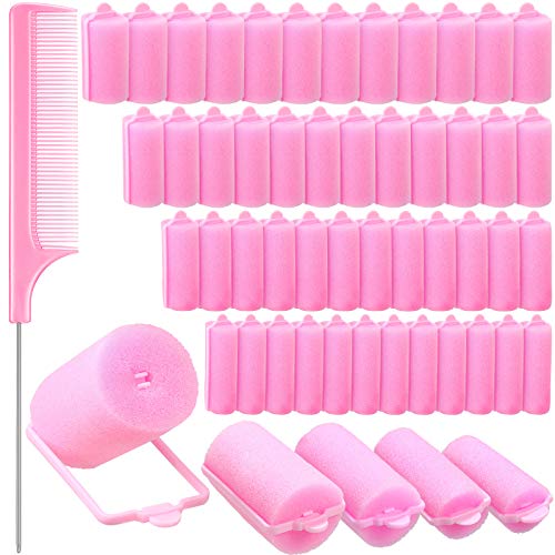 48 Pieces Foam Sponge Hair Rollers Soft Sleeping Hair Curlers Flexible Sponge Curlers Hair Styling Tools with Stainless Steel Rat Tail Comb for Long Hair Short Hair Ladies and Children (Pink)