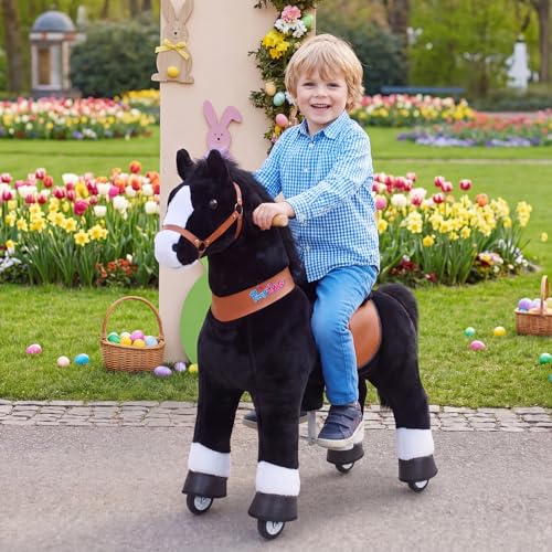 Image of PonyCycle Official Classic U Series Ride on Horse Toy Plush Walking Animal Black Horse Size 4 for Age 4-8 Ux426