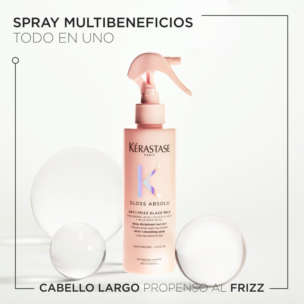 Kérastase Gloss Absolu Anti-Frizz Glaze Milk, Spray Multibeneficios Todo en Uno para Cabello con Tendencia al Encrespamiento, Con Ácido Glicólico, Ácido Hialurónico y Rosa Silvestre en Aceite, 190ml