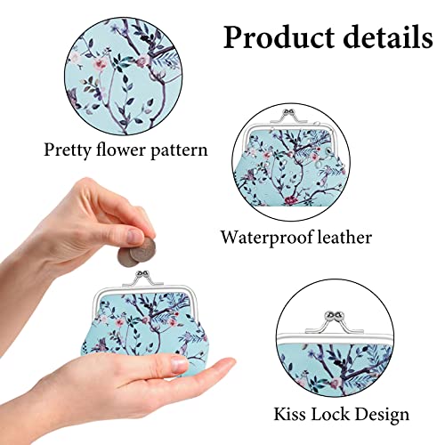 Image of FuninCrea 2 Pcs Faux Leather Coin Purse for Women with Kiss Lock, Floral Pattern Change and Coin Wallet Double Clasp Closure Mini Wallet for Cash Key (Blue+Dark Pink)