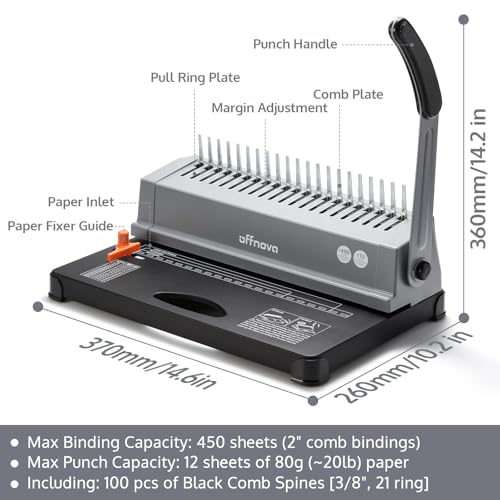 Image of OFFNOVA Binding Machine, 21-Hole 450 Sheets Paper Comb Punch Binder Machine for Letter Size / A4 / A5 Paper, Easy to Punch Handle, Adjustable Margin, Gray