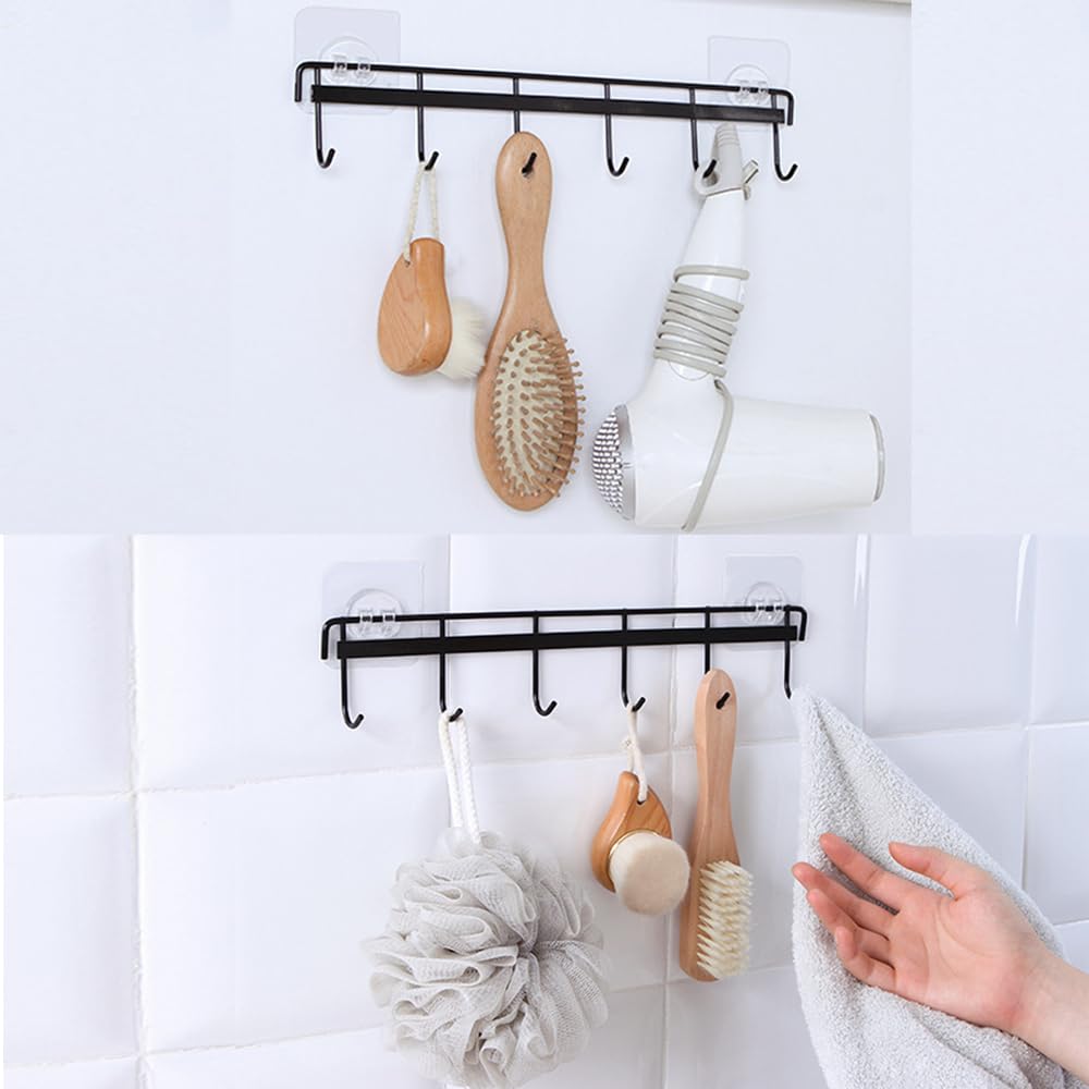 2 ganchos de cocina de montaje en pared, estante para utensilios con 6 ganchos, soporte sin perforación, riel de ahorro de espacio para baño (negro) 3