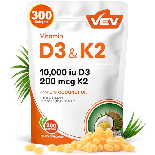 VEV Vitamin D3 K2 10000 IU, 300 Virgin Coconut Oil Softgels, 2 in 1 Vitamins Supplement D & K (Include MK7), Easy to Swallow, Supports Calcium Absorption, Bone Health(Packaging May Vary)