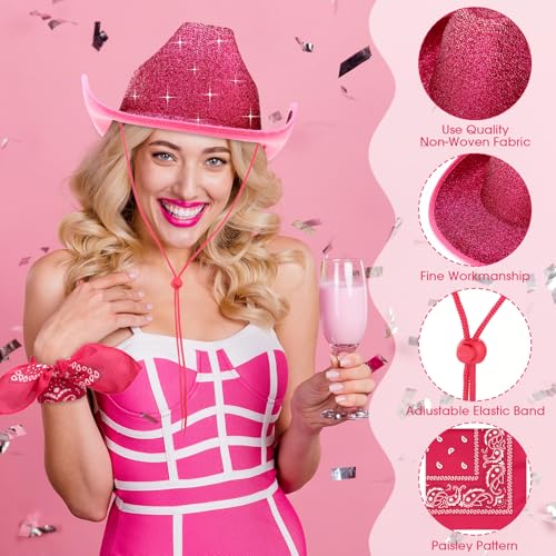 Image of Coume 12 Pcs Sparkly Adults Cowboy Hat and Bandanas Women Men Western Glitter Cowgirl Party Hats with Adjustable Drawstring