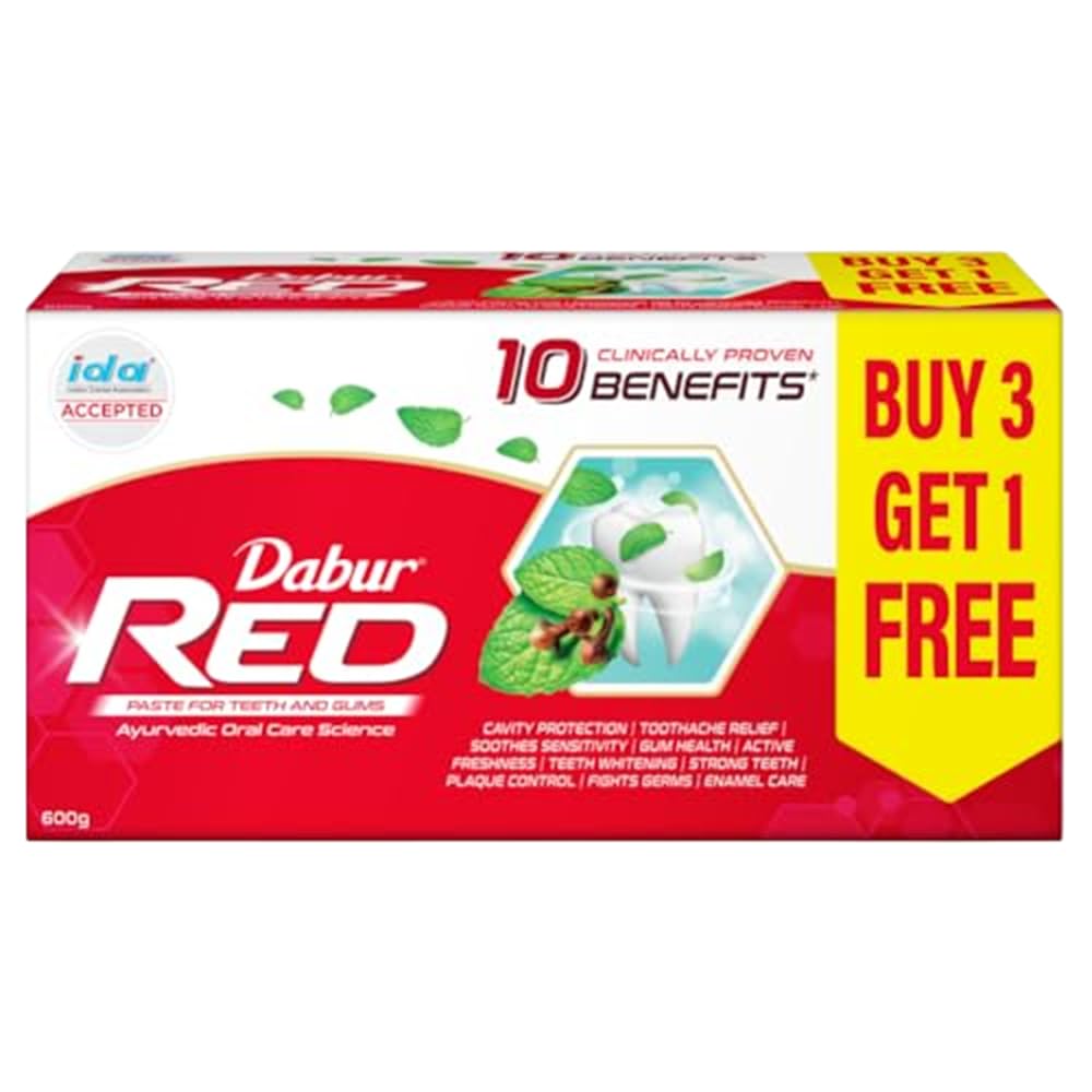Dabur Red Toothpaste - 600g (150g x 4) | Ayurvedic Paste | Provides Germ Protection, Cavity Protection, Plaque Removal | Prevents Gum Bleeding, Yellow Teeth, Toothache, Bad Breath