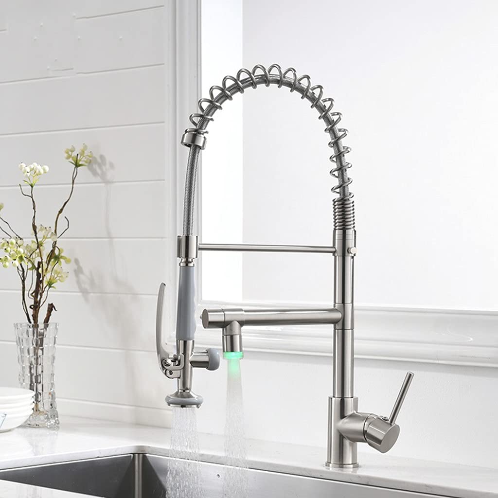 ZQFHSX Kitchen Sink Faucet for Bar Farmhouse Commercial, Luxury Faucets, Brushed Nickel Spring Style, LED Swivel Taps, Brass Mixer Tap(Brushed Nickel)
