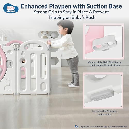 Image of Kids Station Pink Bear Baby Playpen 180 x 200 with Playmat, Basketball Hoop & 20 Balls, Spacious Safety Play Yard for Babies & Toddlers, Indoor /Outdoor Use, Sturdy Frame