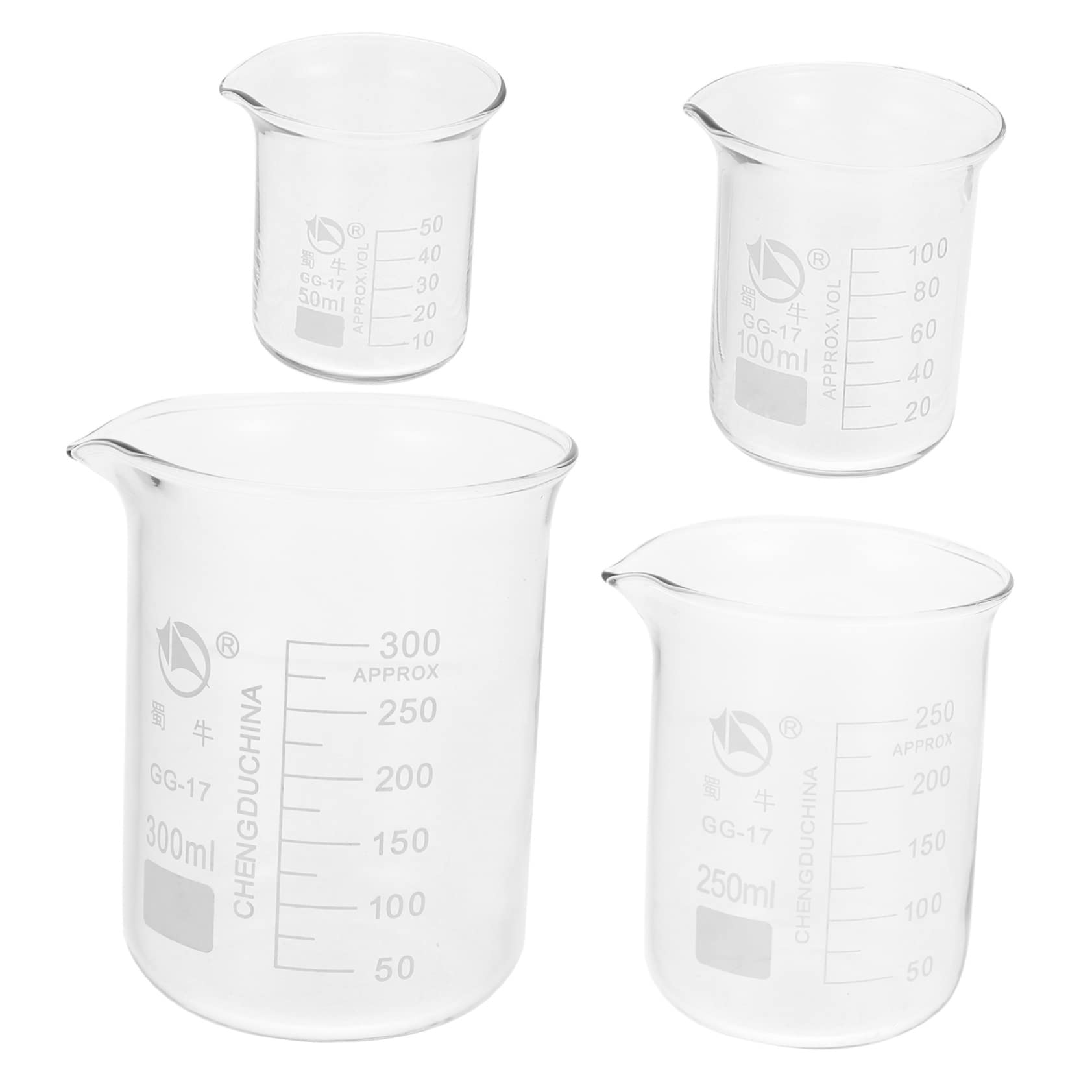 4 Stück Laborbecher aus Glas mit Ausgießer, 50ml 100ml 250ml 300ml