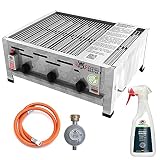 ChattenGlut Professional Gastrobräter 3-flammig Tischgerät 10,8kW Stahlbrenner für Flüssiggas 650x530x270mm mit Rost, Regler Anschlussschlauch und Grillreiniger