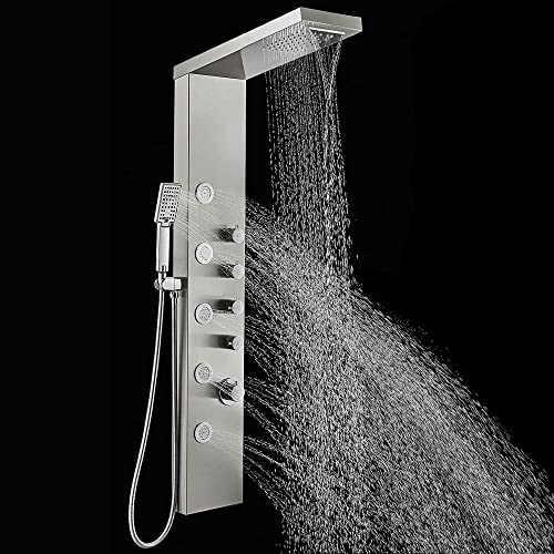 Sistema de columna de ducha de acero inoxidable con cabezal de lluvia y cascada, sistema de grifería de 6 funciones con masaje de agua y jets corporales